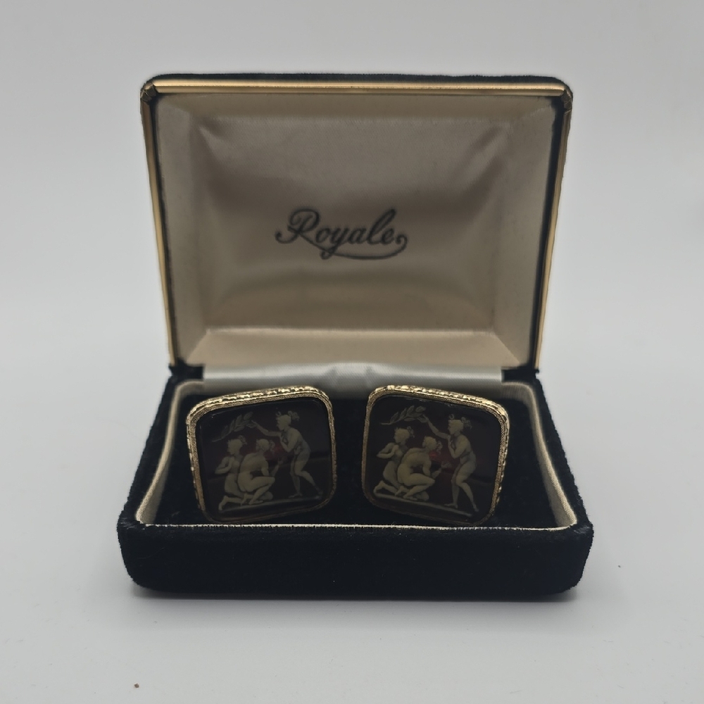 Vintage Black and Gold Cuff Links Greek Motif